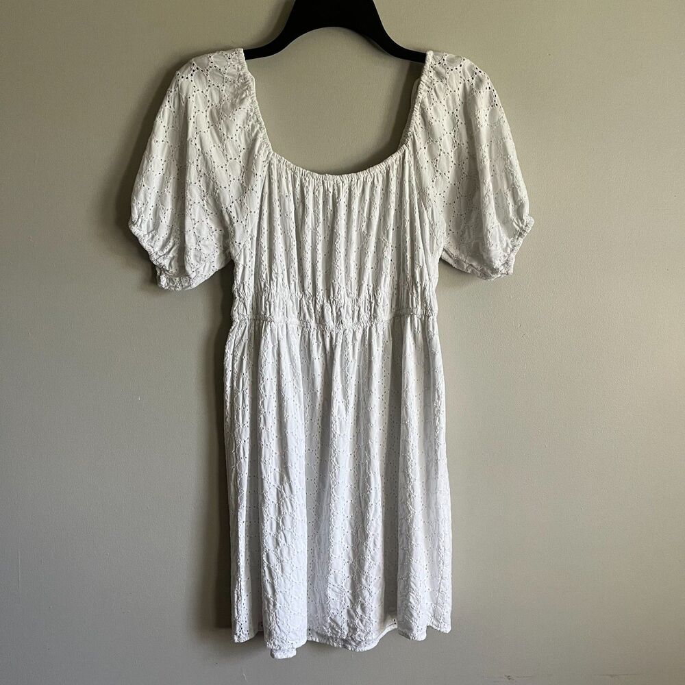 Sim & Sam White Eyelet Lace Mini Dress Women's L Puff Sleeve Elastic Waist